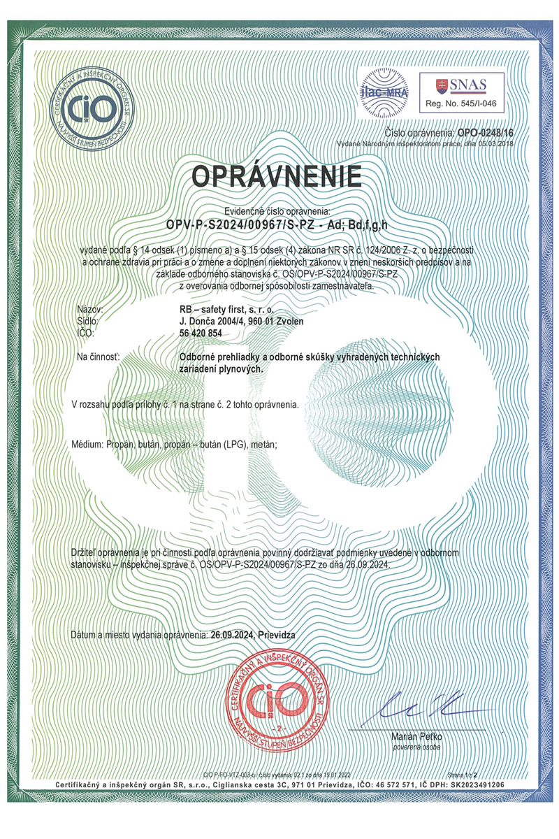 Oprávnenie pre revízie plynových zariadení | RB Safety First