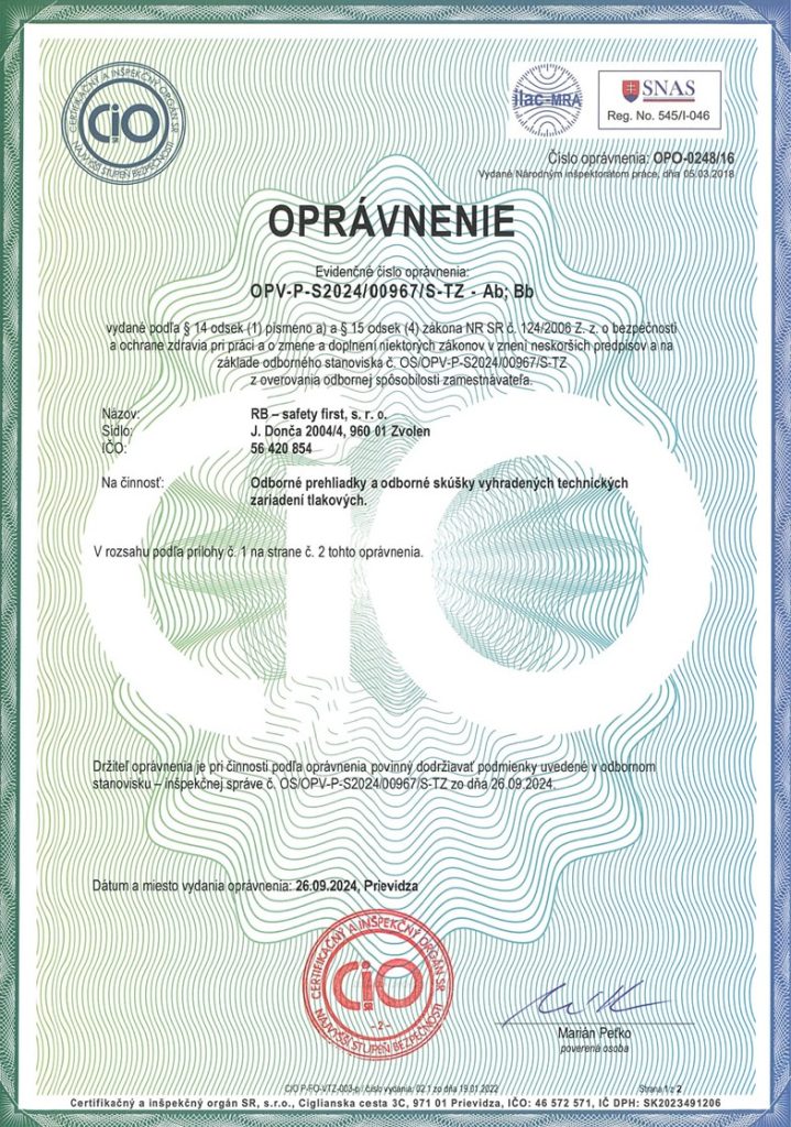 Oprávnenie pre revízie tlakových zariadení | RB Safety First